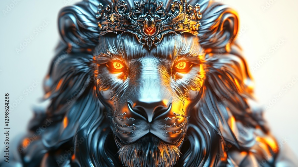 Glowing-eyed lion wearing crown stares ahead in studio against blurred white background, artistic rendering Glowing-eyed lion wearing crown stares ahead in studio against blurred white background, artistic rendering