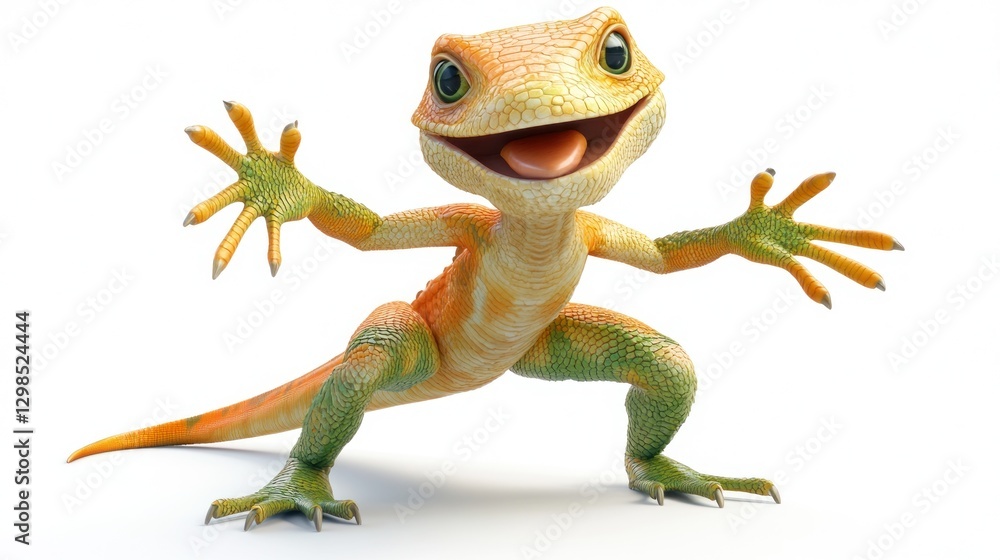 Fototapeta premium Happy lizard poses. Cartoon animal, yellow, green, isolated on white background