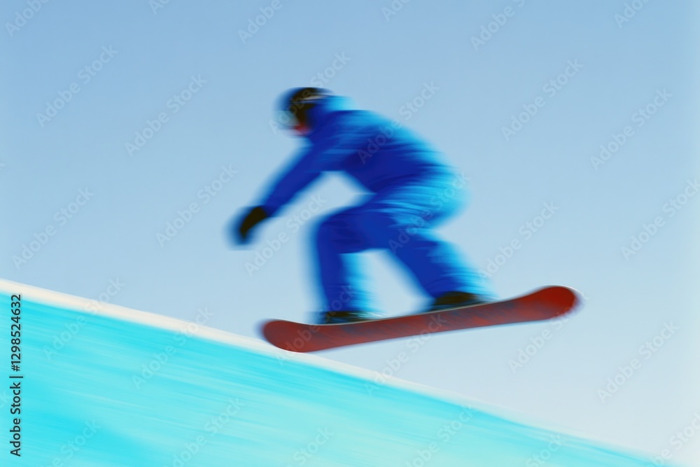 Obraz premium Dynamic snowboarder soaring down bright blue slope against clear