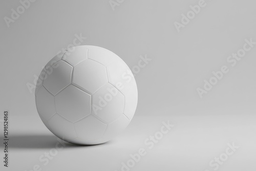 3D render of a white soccer ball on a grey background, close-up, minimalistic design, simple shape, flat shading, sharp edges.