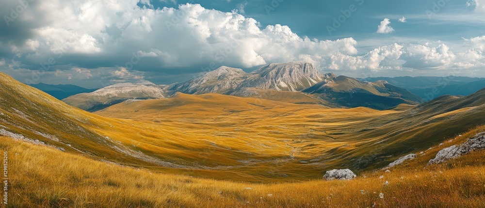 Fototapeta premium Expansive Views of Campo Imperatore With Rolling Hills and Dramatic Clouds in Abruzzo's National Park During a Peaceful Afternoon