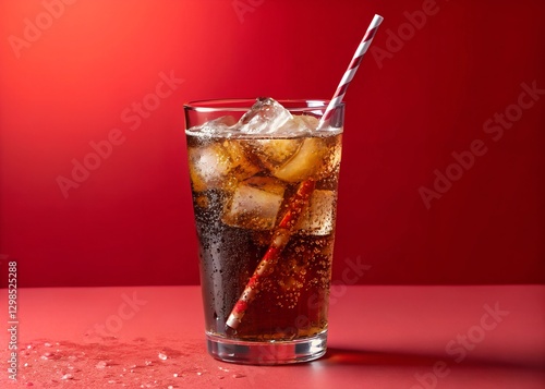 Cold refreshing glass of sparkling cola lemonade drink with ice cubes straw against vibrant red background. Summer holiday refreshment concept.