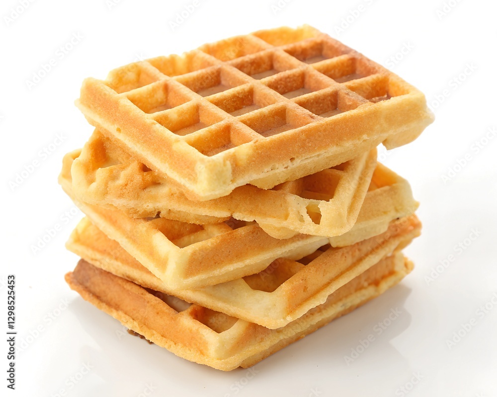 Stack of golden waffles on on a white Background
