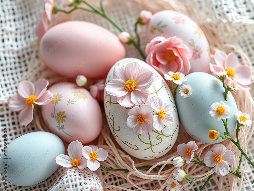 Fototapeta premium Delicate Easter Decorations on Intricate Linen Fabric