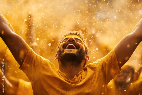 Man rejoicing covered in yellow powder