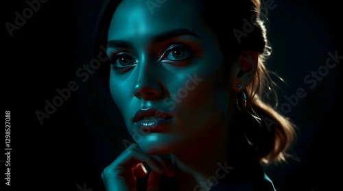 Dramatic Low-Light Portrait of Woman with Teal Lighting, Expressive Eyes, Subtle Makeup, and Contemplative Expression Against Dark Background.