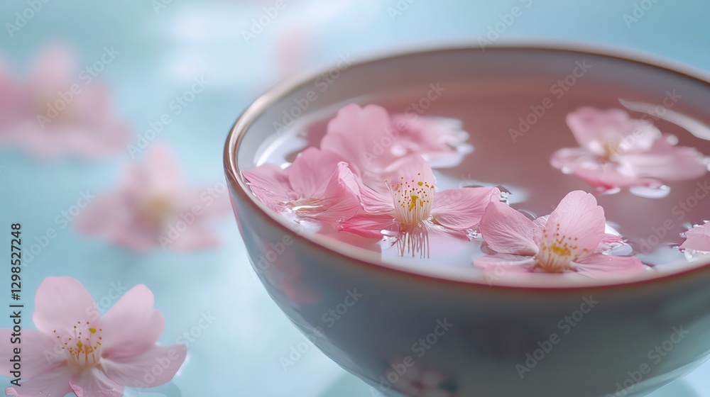 A serene bowl filled with water and delicate pink cherry blossoms, creating a tranquil and soothing ambiance. A serene bowl filled with water and delicate pink cherry blossoms, creating a tranquil and soothing ambiance.