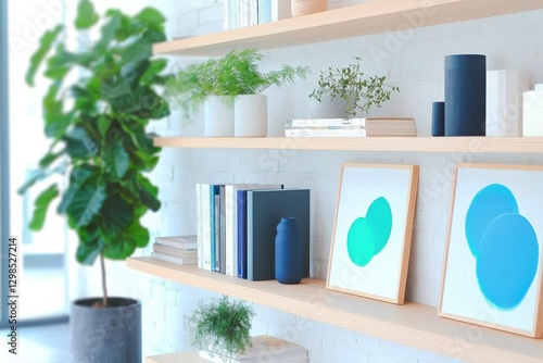Bright Modern Shelves Filled With Books And Greenery, Creating An Inviting Atmosphere For Virtual Meetings At Home Office