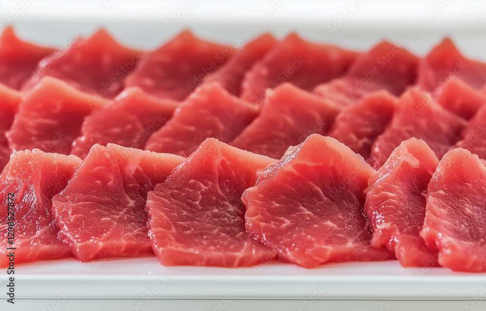 Freshly sliced raw meat arranged on a white plate Freshly sliced raw meat arranged on a white plate