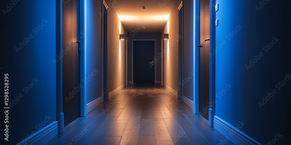 Long hallway with illuminated LED lights creating a dramatic effect, Modern corridor with a glow of blue and orange LED lights
Long hallway with illuminated LED lights creating a dramatic effect, Modern corridor with a glow of blue and orange LED lights