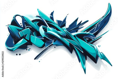 Abstract blue graffiti with dynamic curves and sharp edges. AI image