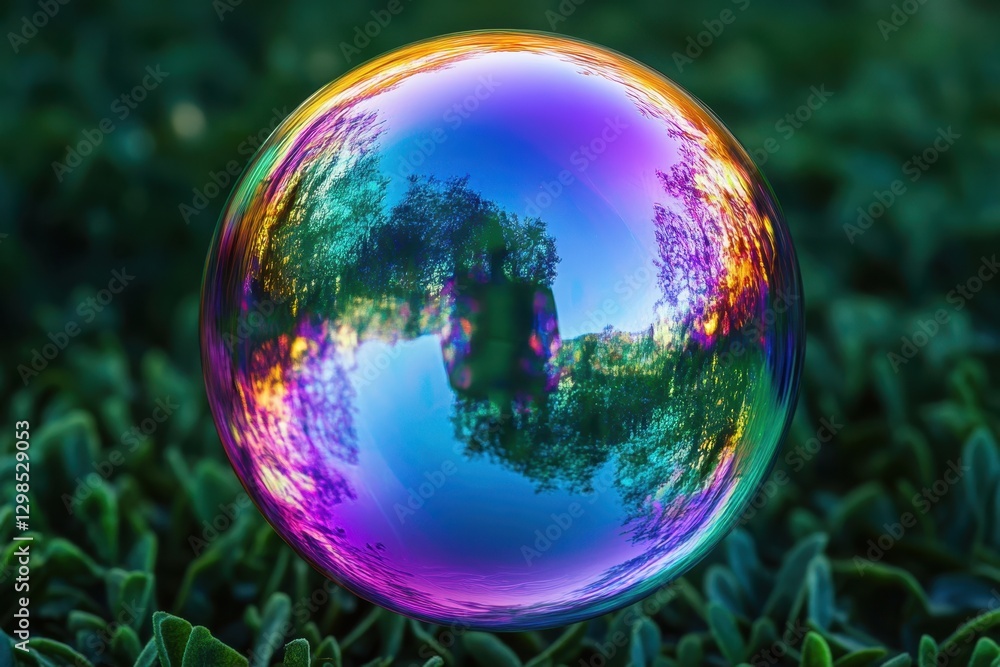 Colorful soap bubble reflecting trees and nature during sunny day Colorful soap bubble reflecting trees and nature during sunny day