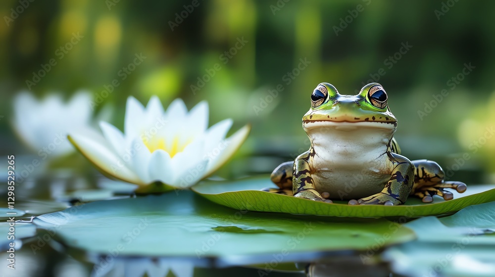 A vibrant green frog rests on a lily pad, surrounded by serene water lilies, creating a peaceful aquatic scene. A vibrant green frog rests on a lily pad, surrounded by serene water lilies, creating a peaceful aquatic scene.