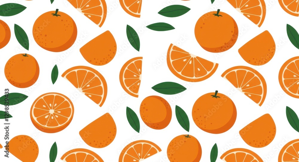 Vibrant orange citrus pattern, stylized oranges, green leaves, white background, cheerful fruit illustration, seamless design, summery motif, botanical art, fresh and juicy Vibrant orange citrus pattern, stylized oranges, green leaves, white background, cheerful fruit illustration, seamless design, summery motif, botanical art, fresh and juicy
