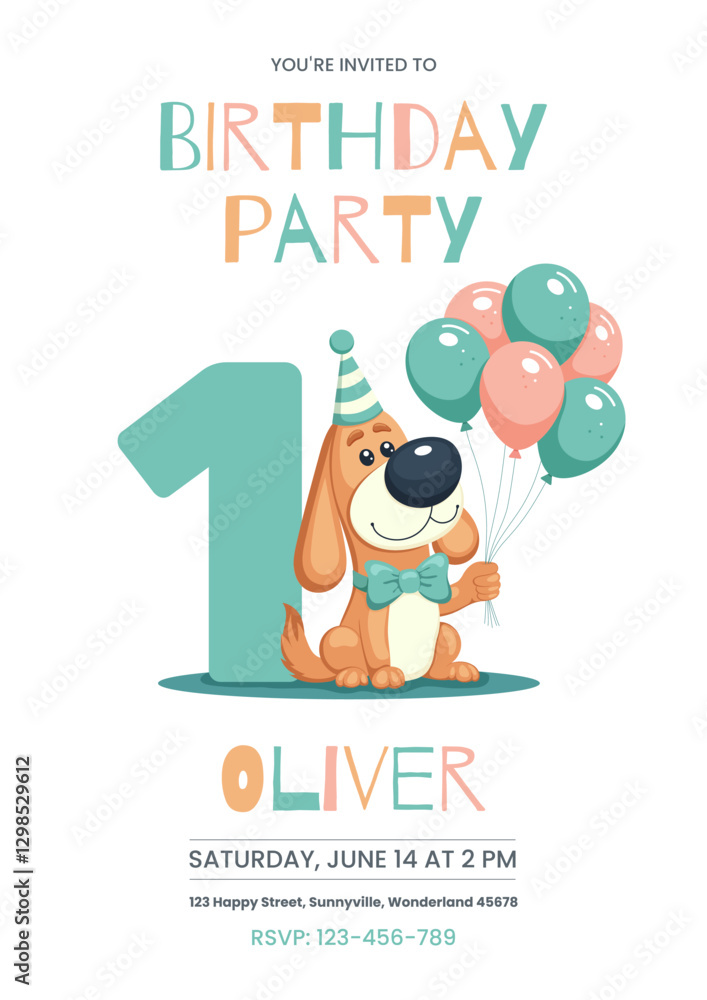Obraz premium Cute first birthday party invitation template featuring an adorable puppy wearing a party hat and bow tie, holding colorful balloons. Vector illustration. Postcard, card, cover.