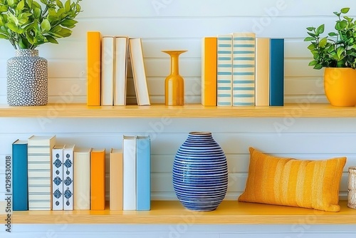 Bright Modern Shelf With Colorful Books And Decorative Items Creating A Stylish Virtual Background For Zoom Meetings