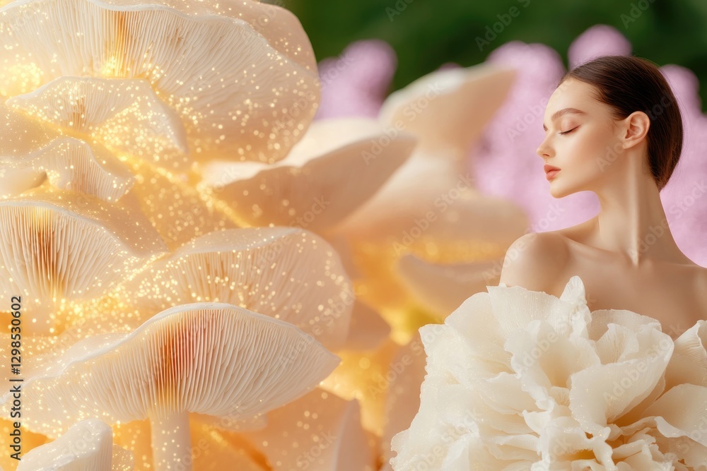 Fototapeta premium Ethereal beauty merges with luminous flowers, creating dreamlike
