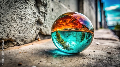 Fish-eye lens on teal concrete, coral cracks.