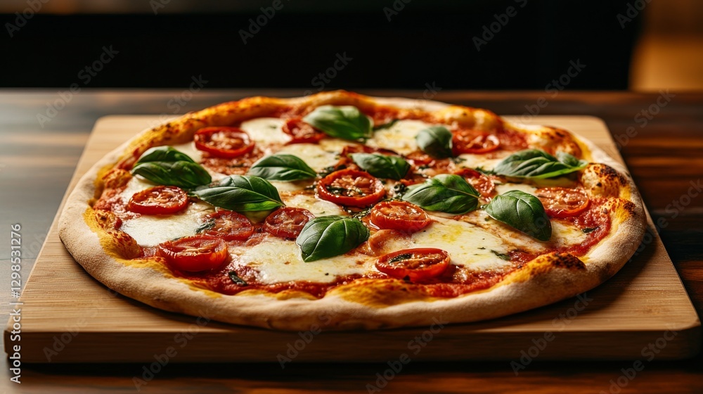 Homemade Pizza Delight, vibrant tomatoes, fresh basil, melted cheese, rustic wooden board, inviting culinary experience Homemade Pizza Delight, vibrant tomatoes, fresh basil, melted cheese, rustic wooden board, inviting culinary experience