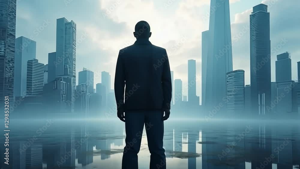 Visionary in the Cityscape: A silhouette of a confident individual gazes out at a futuristic cityscape, embodying aspiration and leadership amid a sea of towering skyscrapers and reflections. 
