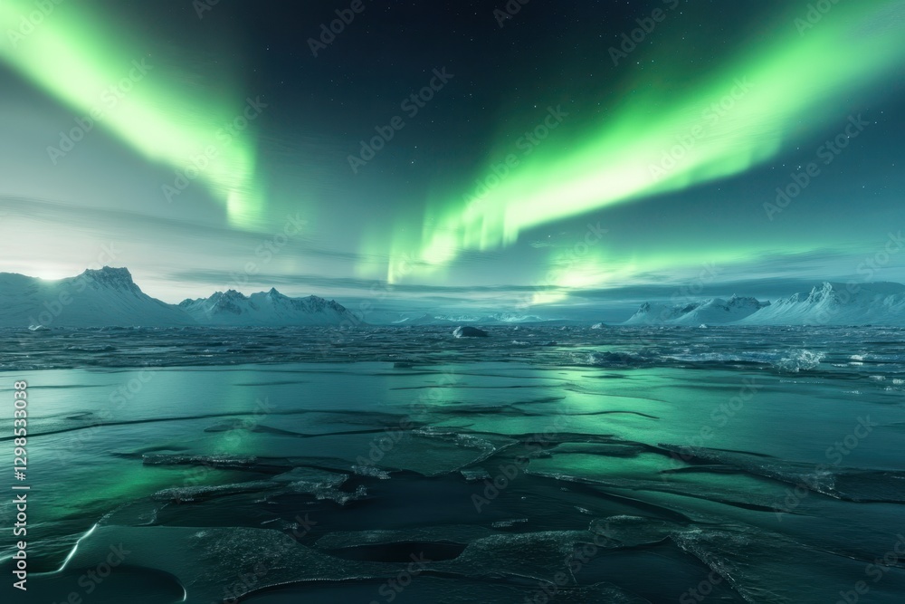 Naklejka premium Northern lights illuminate the icy landscape at night in a remote Arctic region
