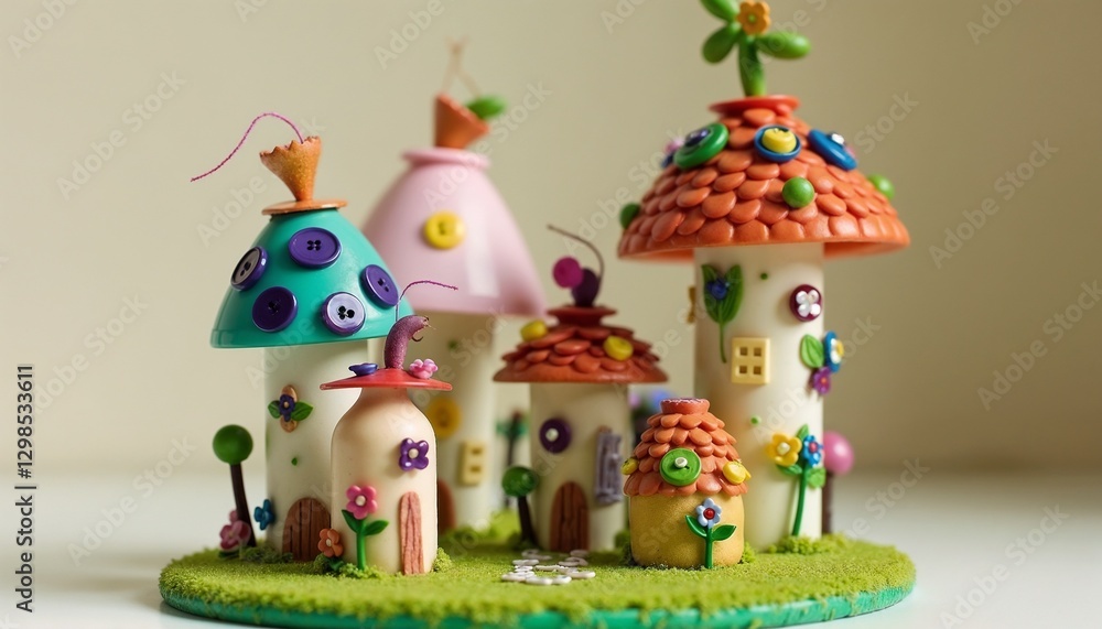 Naklejka premium Whimsical handmade button houses, creative children's art for parents, colorful and imaginative display