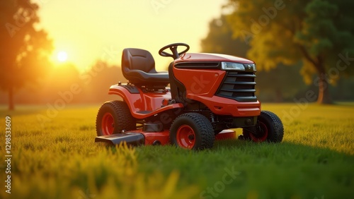 Riding lawn mower, Hyper-realistic riding lawn mower in sunlit meadow with golden hues and sharp detailing sleek design dramatic shadows vi