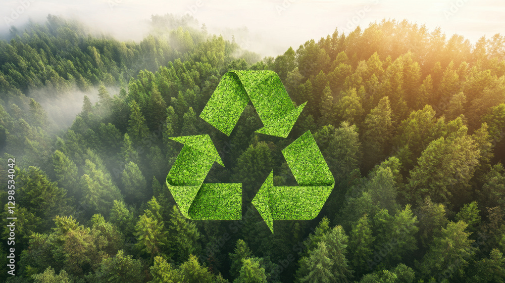 Naklejka premium Sleek green recycling symbol over dense forest, representing sustainability and environmental awareness. lush trees and sunlight create serene atmosphere