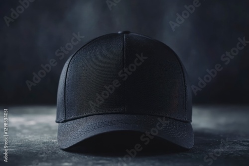 Black baseball cap mockup on a dark background, front view. Blank black trucker hat template with no design. color ball cap isolated on a table.