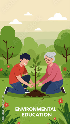 Grandmother planting tree with her grandson. Environmental education and conservation concept