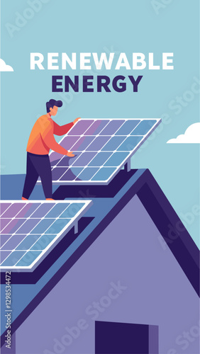 Man applying solar panels in his rooftop. Renewable energy concept. Minimalist flat design illustration