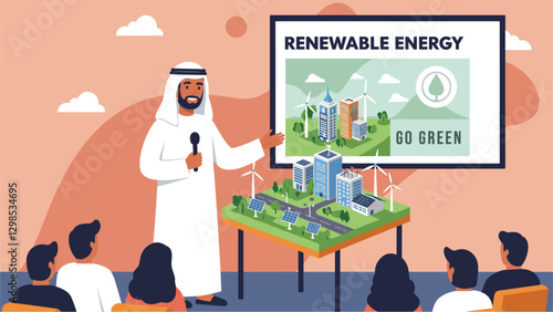 Arab man giving conference about renewable conference with mockup of sustainable modern city. Colorful cartoon banner