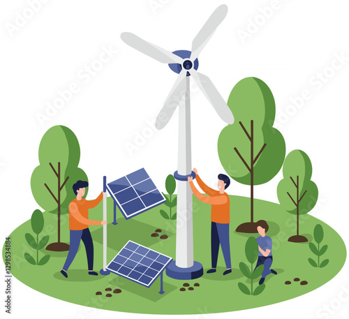 Man applying renewable energy with solar panels and wind turbines. Minimalist flat design illustration