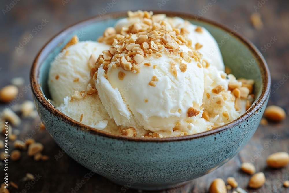 Creamy vanilla ice cream with crunchy peanut topping in rustic ceramic bowl Creamy vanilla ice cream with crunchy peanut topping in rustic ceramic bowl