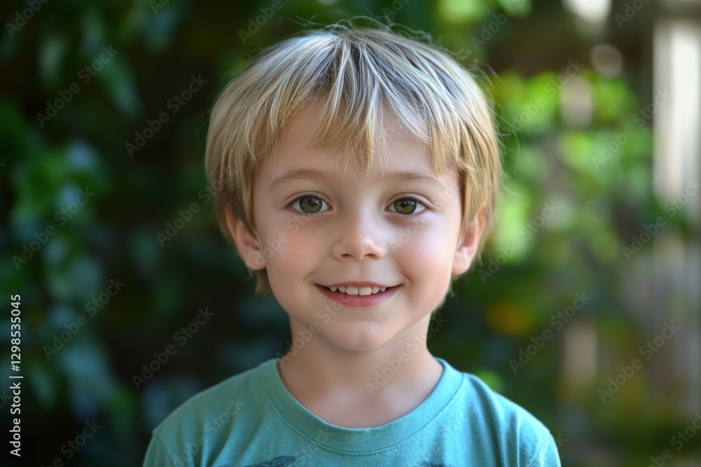 Smiling caucasian young boy in green shirt outdoors Smiling caucasian young boy in green shirt outdoors