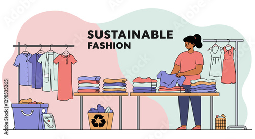 Young African American woman designing clothes with recycled fabrics in her workshop. Sustainable fashion. Colorful illustration vector