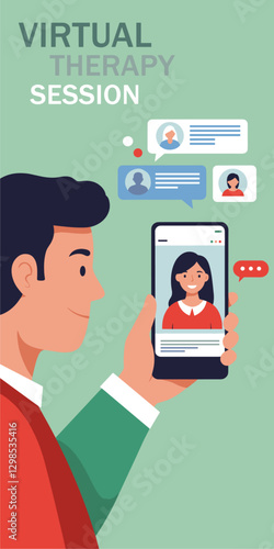 Man having virtual therapy on the phone with psychologist. Colorful minimalist vector
