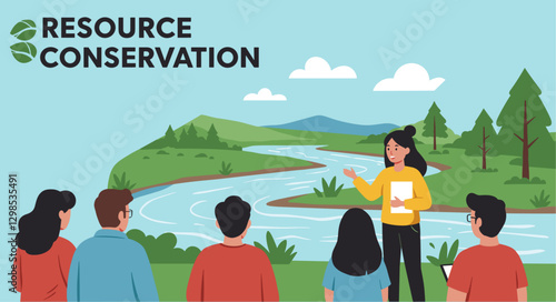 Woman teaching youth about the importance of clean water in a river. Resource conservation concept. Colorful flat design illustration