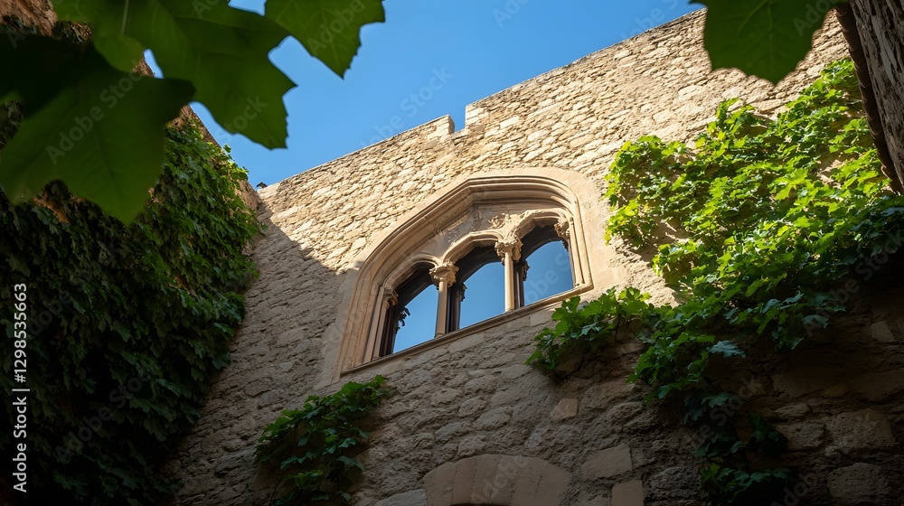 Medieval Stone Wall with Gothic Window and Ivy
