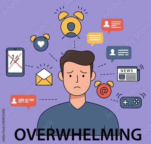 Stressful man overwhelmed by over stimulation of social media and information