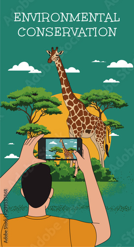Man in safari taking photos with phone of a giraffe from the distance. Environmental conservation and wildlife awareness concept