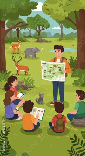 Man giving talk to kids about environmental conservations and wildlife education awareness. Colorful flat design illustration