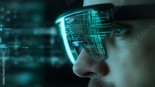 Vision of Tomorrow: A person's eye is shown through the lenses of augmented reality glasses, as digital data streams flow across the surface, symbolizing the technological advancements of the future.