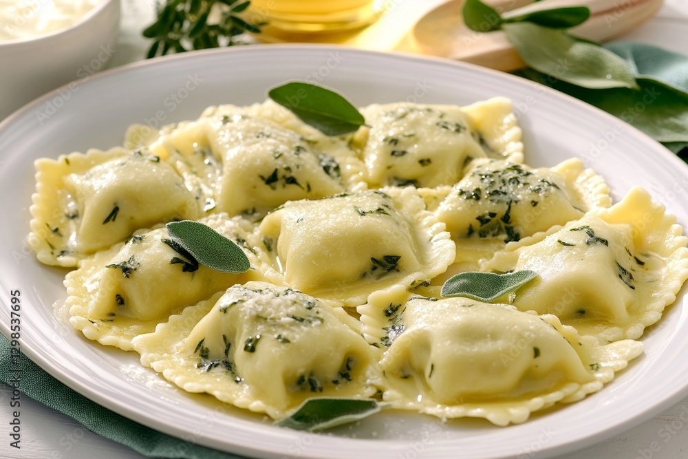 Delicious sage butter ravioli on white plate with fresh herbs and cheese Delicious sage butter ravioli on white plate with fresh herbs and cheese
