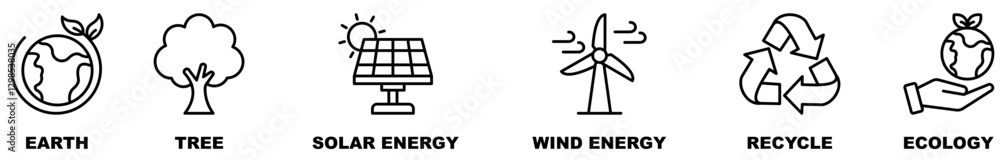 Environment banner web icon vector illustration concept with icon of earth, tree, solar energy, wind energy, recycle, ecology Environment banner web icon vector illustration concept with icon of earth, tree, solar energy, wind energy, recycle, ecology