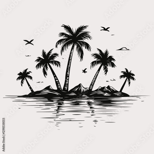 Tropical andscape with island, sea and palms sketched illustration