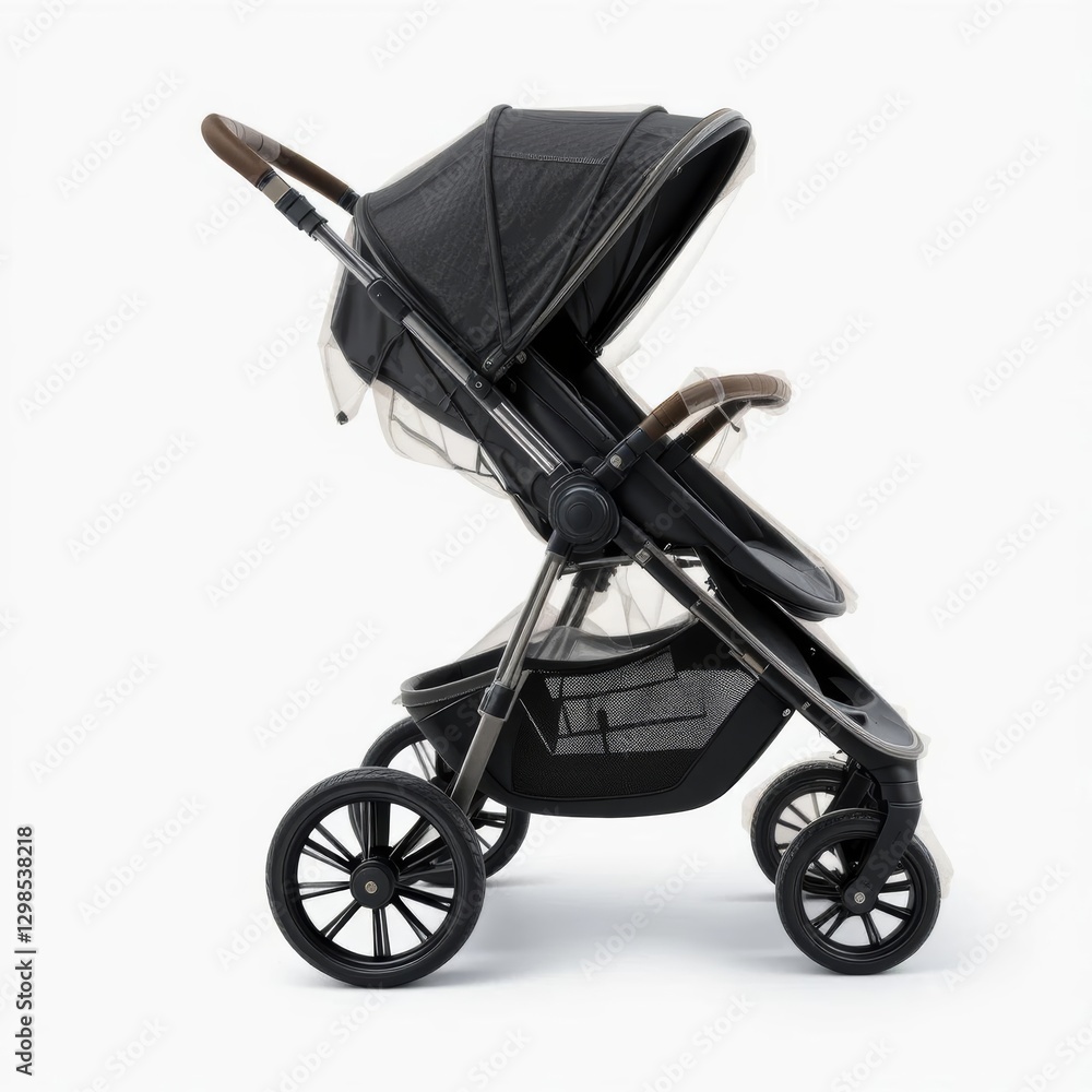 Fototapeta premium Black stroller with rain cover and storage