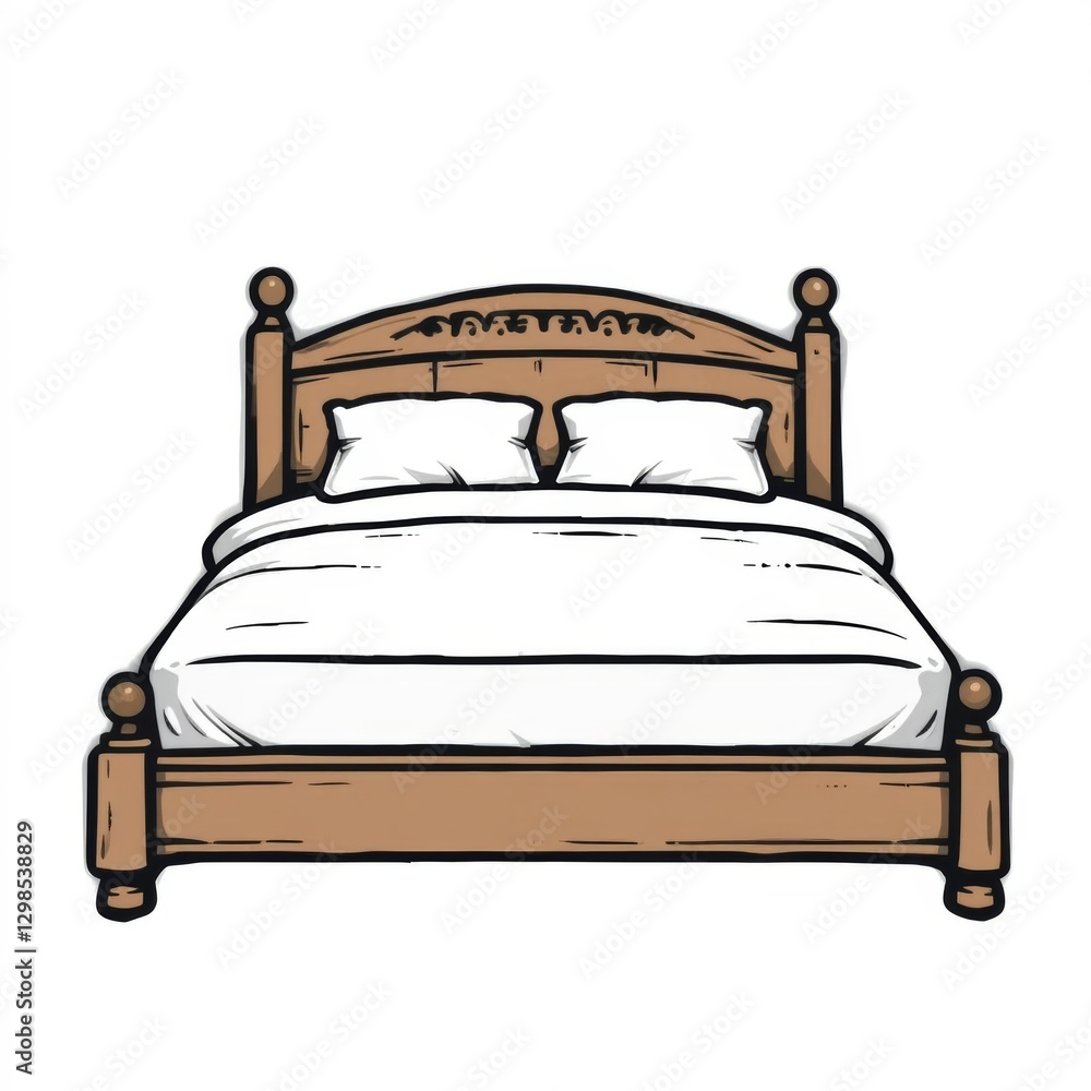 Wooden double bed with white bedding