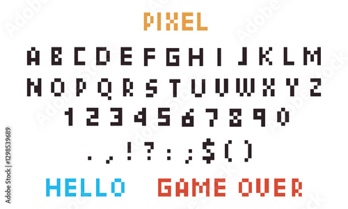 Set of pixel art font and elements. Alphabet symbols, letters and numbers units. Computer retro game 8 bit effect. 2D sprite sheet