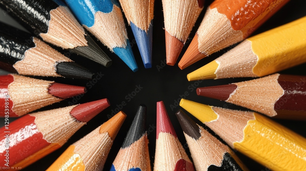 Colorful pencils arranged in circle, close-up shot Colorful pencils arranged in circle, close-up shot